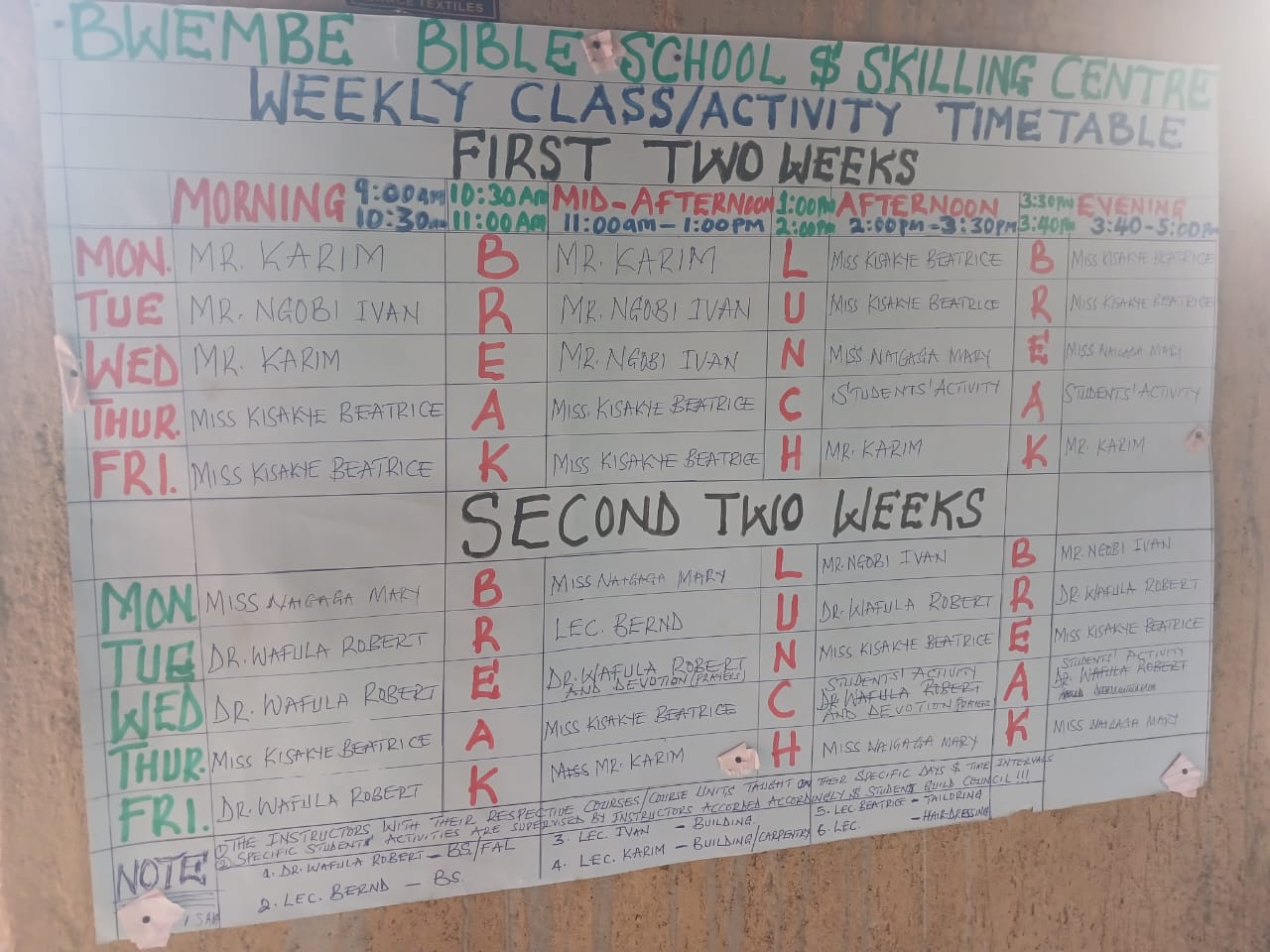 Wochen-Stundenplan des Bwembe Bible School & Skilling Centre